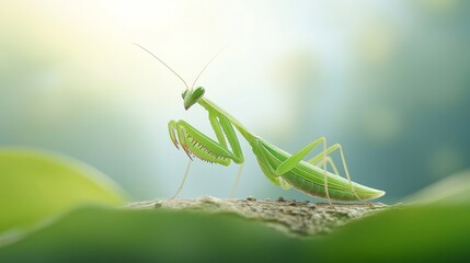 Close-up of a vibrant green praying mantis perched on a natural surface, showcasing intricate details and a blurred green background in soft focus lighting