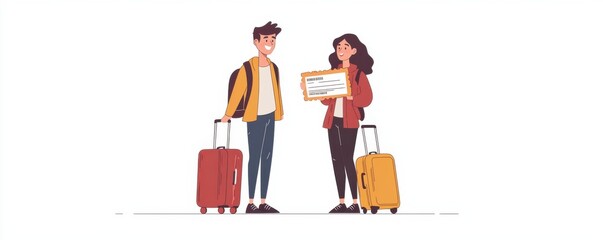 Young couple traveling with luggage and holding plane ticket illustration