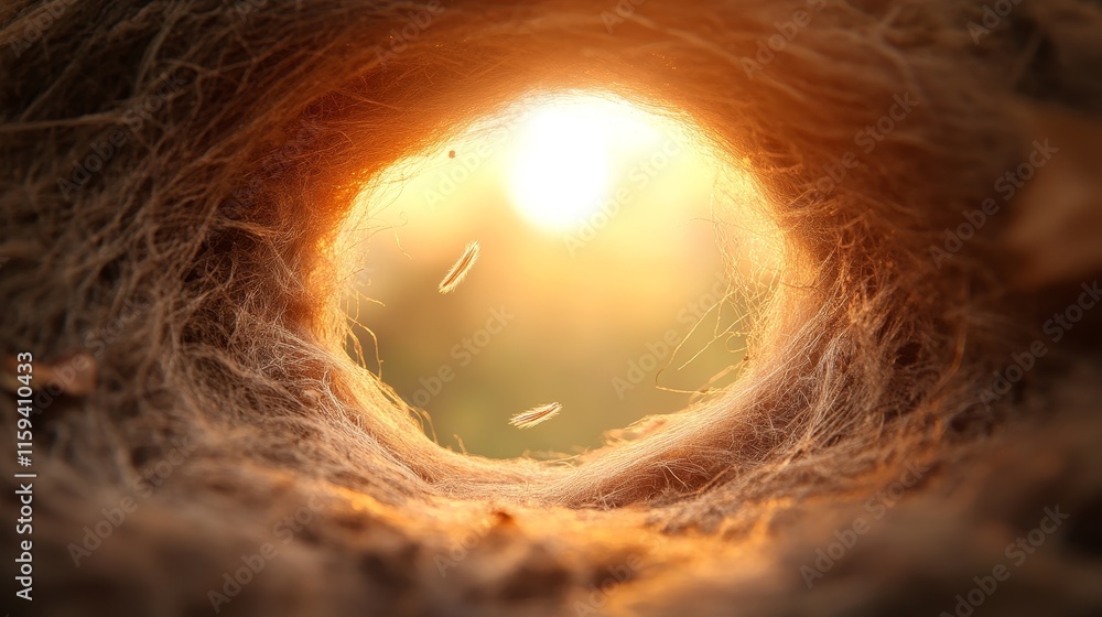 Aufkleber enchanting sunrise through a natural circular frame with soft textures and warm light, capturing the