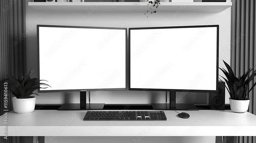 Poster a dual monitor setup with both screens blank, positioned on a spacious desk with a wireless keyboard