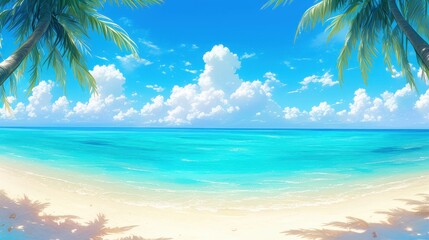 Fototapeta premium A serene beach scene with clear turquoise water and fluffy clouds.