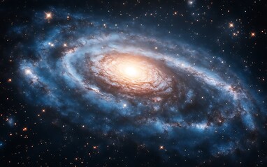 Fototapeta premium Spiral galaxy with bright core and blue arms in dark space.