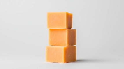 Cheese cubes of different colors and shapes, set against a white background, intended for culinary photography.