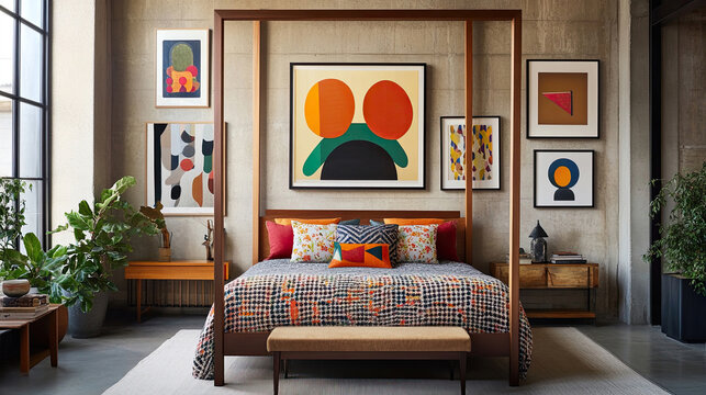 Maximalistisches Schlafzimmer mit floralem und geometrischem Muster-Mix
