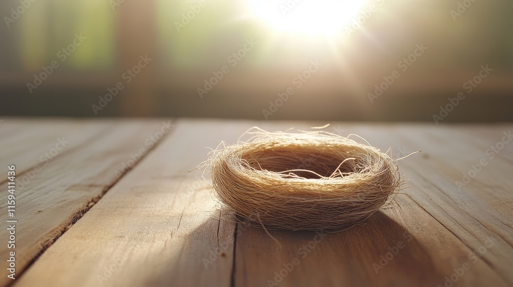 Poster natural bird nest on wooden surface with soft warm light creating a serene atmosphere in a cozy indo