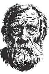 Black and white sketch of an old man with a beard, looking wise and thoughtful.