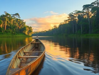 Obraz premium Wooden Canoe on a Calm River at Sunset in the Amazon Rainforest