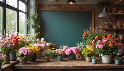 Vibrant flower shop display with colorful blooms, empty chalkboard for store promotions