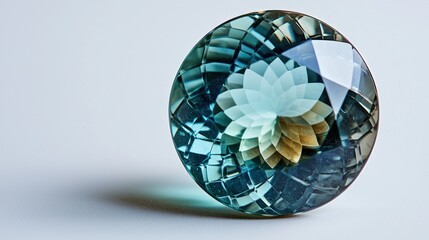 Round faceted gemstone on white background.