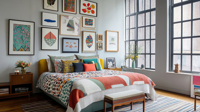 Maximalistisches Schlafzimmer mit floralem und geometrischem Muster-Mix