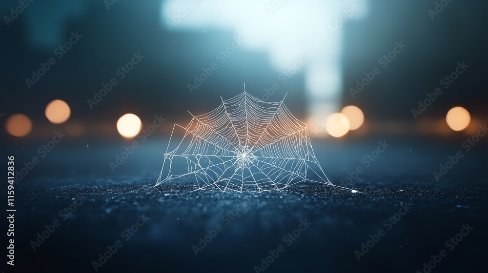 Aufkleber delicate spider web glimmering with dew drops in a misty urban setting with soft bokeh lights in the