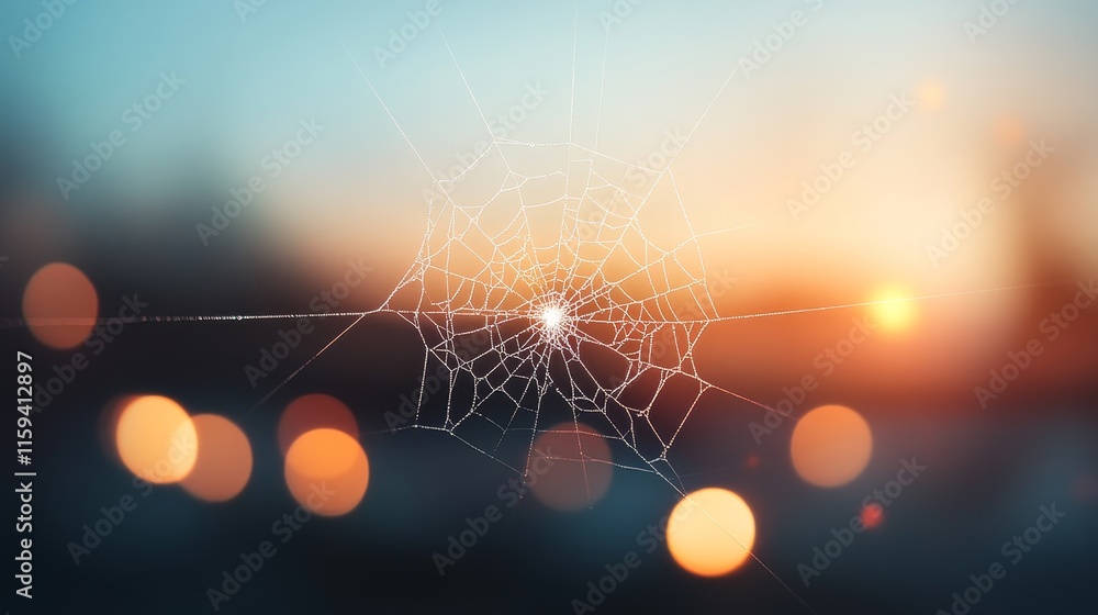 Poster intricate spider web captured at sunrise with soft bokeh background and glimmering dew drops creatin