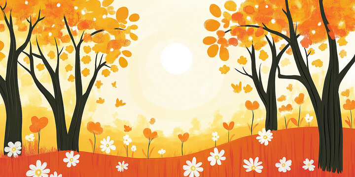 Spring illustration for the beginning of Spring. Orange yellow color palette. Banner postcard background