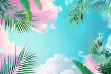 Vibrant tropical beach scene with palm trees and a colorful sky. Perfect for travel, vacation or fashion images.