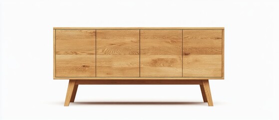 Mid-century modern sideboard with three doors and tapered legs.