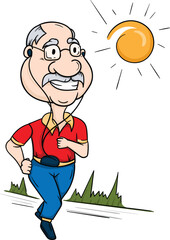 Bright vector illustration of a cheerful elderly man jogging in the morning. Advertising of an active and healthy lifestyle for older people.