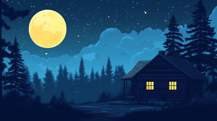 Naklejka premium Rustic cabin in the woods with cloudy moonlit night sky. Moonlit. Illustration