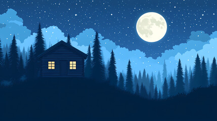 Fototapeta premium Rustic cabin in the woods with cloudy moonlit night sky. Moonlit. Illustration