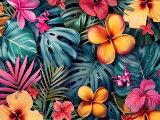 Fototapeta premium Vibrant island flora with pink and yellow flowers, lush greenery and palm leaves on a deep blue backdrop.