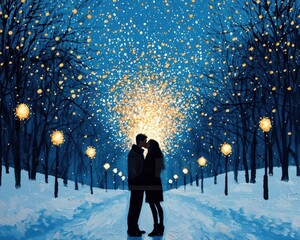 Vibrant acrylic of a romantic couple sharing a midnight kiss under golden fireworks in a snowy park