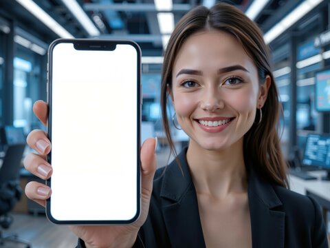 woman in suit showing mobile phone with white screen while smiling, futuristic background, blank screen mobile phone mockup