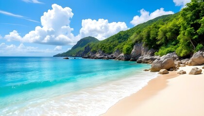 Fototapeta premium A pristine, white sand beach meets crystal clear turquoise water with a lush island and blue skies in the distance. Lush tropical vegetation covers a pristine white sand beach. Tropical local island
