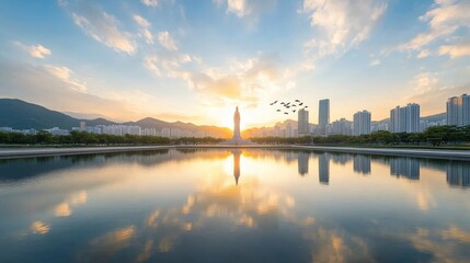 Fototapeta premium Serene Sunset Over City Skyline and Calm Waterfront with Reflections of Buildings and Nature in Tranquil Atmosphere Emphasizing Harmony and Beauty