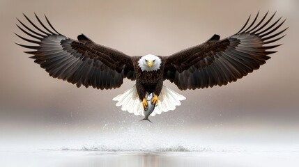 Obraz premium Majestic Bald Eagle in Flight with Outstretched Wings Capturing Fish from Water, Symbol of Power and Freedom in Stunning Detail and Clarity