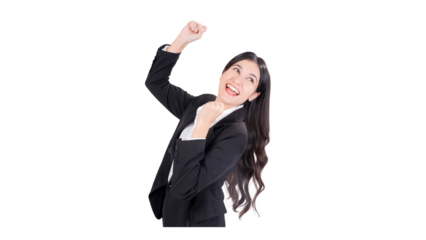 Excited Cheerful businesswoman in a black suit raising her fist in celebration, isolated on a white background. Perfect for themes of achievement, success, winner and motivation