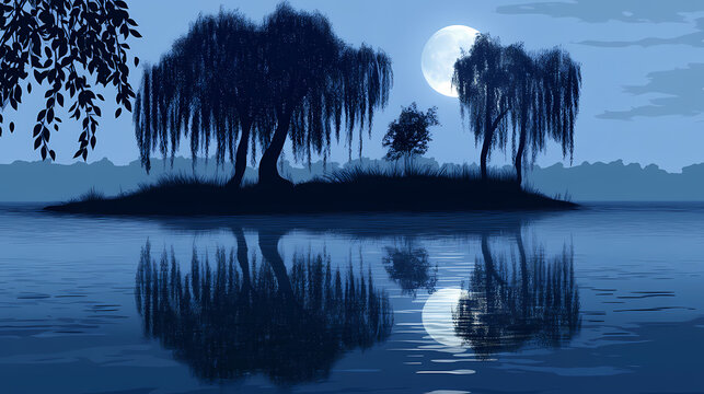Twilight scene of island with willow trees reflected in moonlit lake. Moonlit. Illustration