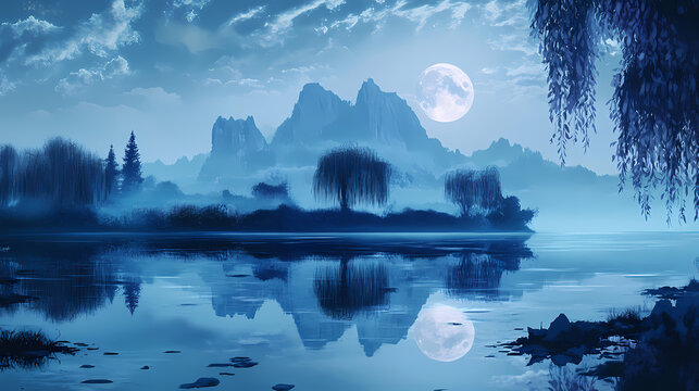 Twilight scene of island with willow trees reflected in moonlit lake. Moonlit. Illustration