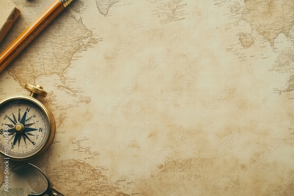 Poster vintage map and compass with pencil provide space for exploration and adventure text. generative ai