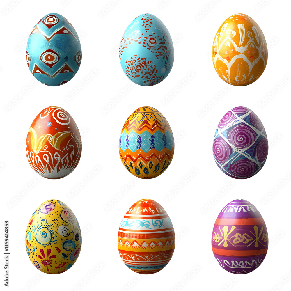 Poster set of nine easter eggs in different colourful motives and patterns isolated on a transparent backgr