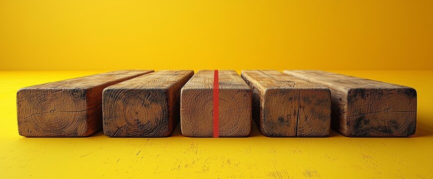 A creative concept of 3D illustration featuring a row of wooden blocks with a red one leaping out, showcasing outstanding performance on an orange floor.