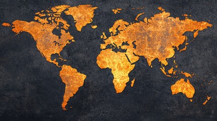 Geospatial Data Analytics concept. A textured world map in orange against a dark background, evoking a vintage feel.