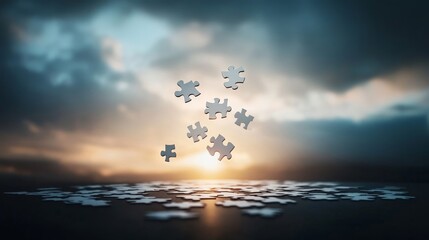 Floating Puzzle Pieces Against a Dramatic Sunset Sky Conveying Themes of Problem Solving, Creativity, and Uncertainty in Modern Life