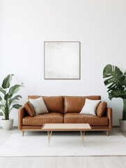 Sleek brown leather couch, minimalist art, clean lines.