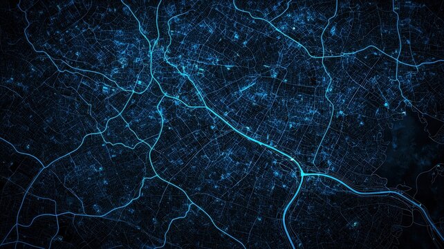 Geospatial Data Analytics concept. Abstract image of a dark city map illuminated by blue lights, suggesting a digital or futuristic urban landscape.