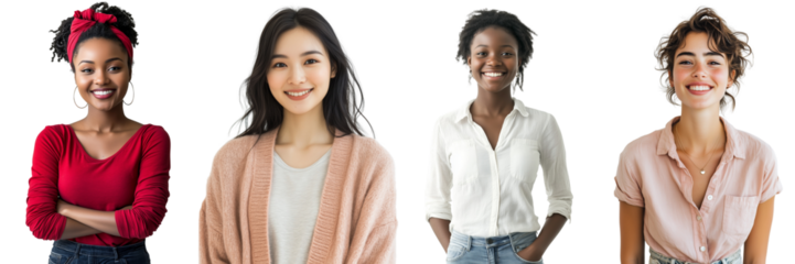 A Set of Cheerful Young Woman with Casual Attire and Bright Smile Isolated on Transparent Background