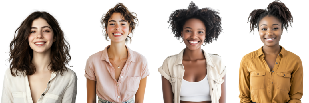 A Set of Cheerful Young Woman in Casual Attire with Bright Smile Isolated on Transparent Background
