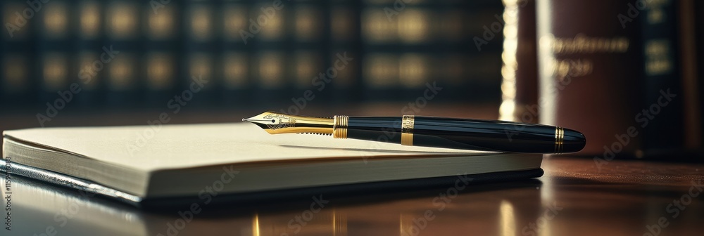 Poster luxury fountain pen with gold accents resting on a blank notepad in an elegant study setting. genera