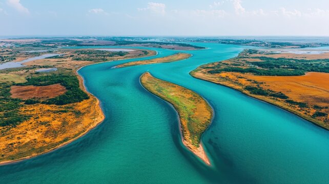 Geospatial Data Analytics concept. Aerial view of a winding river surrounded by lush greenery and vibrant landscapes.
