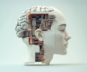 Innovative concept showing a human brain integrated with modern architecture and interior design elements