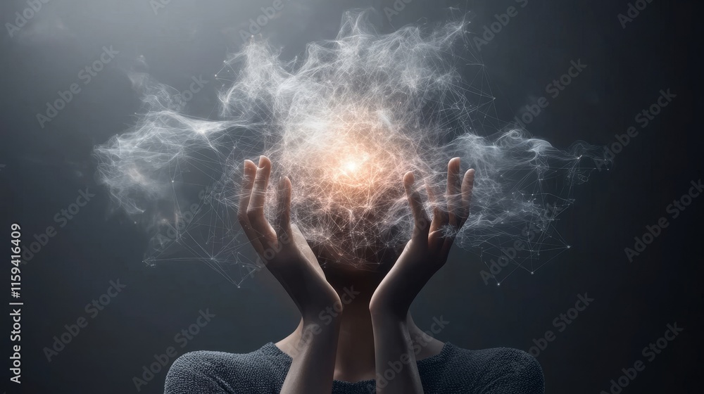 Poster ethereal representation of creativity and imagination with a person holding their head surrounded by
