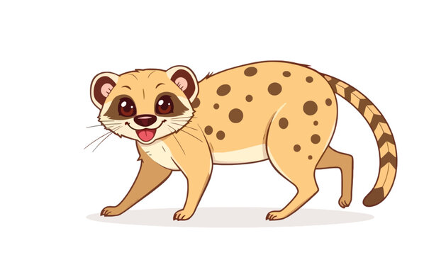 Spotted genette walking with tongue out in soft light.