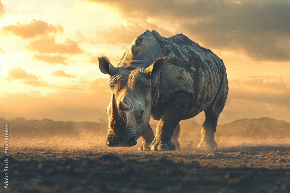 Aufkleber rhino exploring a barren savanna at sunset with a serene atmosphere and ample space for text. genera