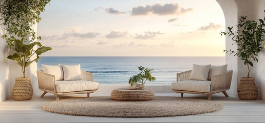 Coastal sunset view from patio with wicker furniture.