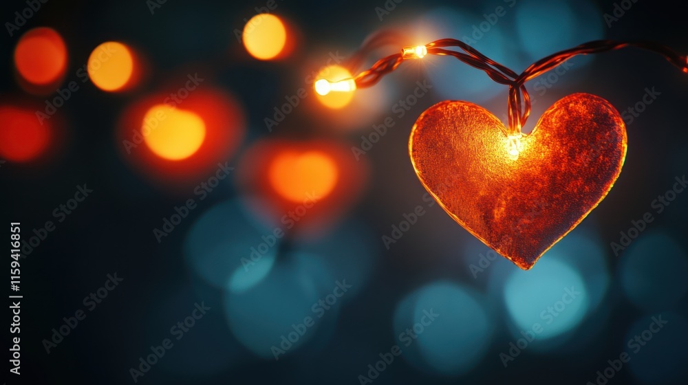 Poster glowing heart-shaped decoration on string lights with bokeh background.