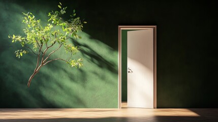A Serene Scene Featuring an Open Door with a Lush Green Tree Growing Alongside a Rich Green Wall, Symbolizing Opportunities and Nature’s Embrace in a Minimalist Interior