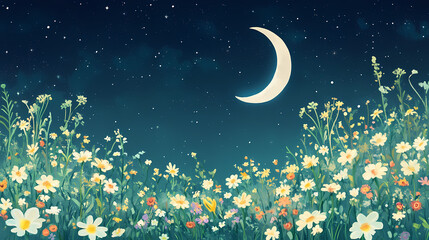 Naklejka premium Moonlit meadow: wildflowers under a starry sky with a crescent moon. Moonlit. Illustration